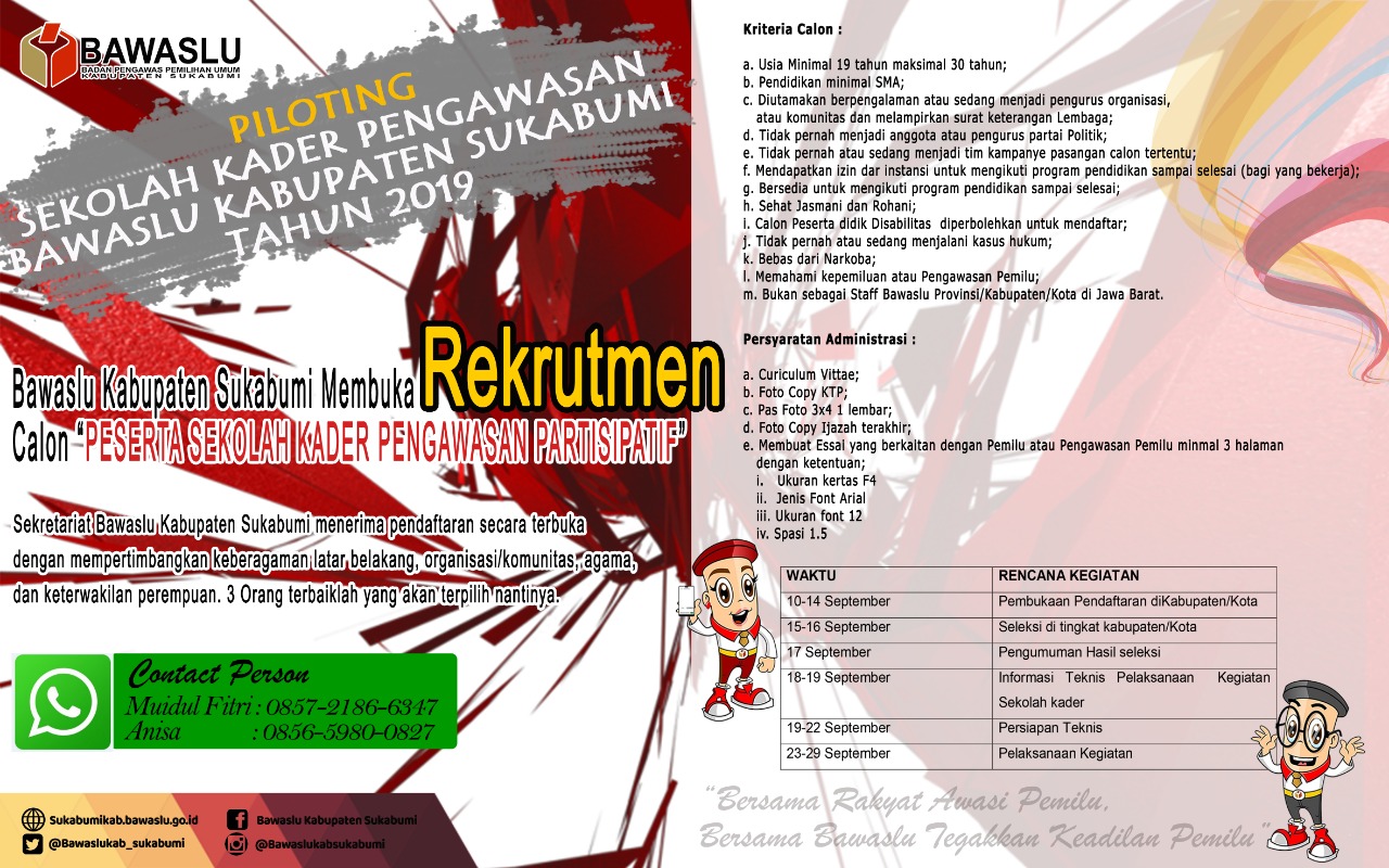 Pengumuman Pendaftaran Seleksi Calon Kader Pengawasan Partisipatif Bawaslu Kabupaten  Sukabumi